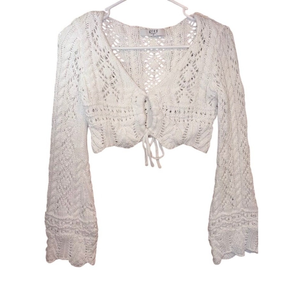 Grey Bandit White Crochet Tie FrontCroppedCardigan Pointelle Knit Sweater Small